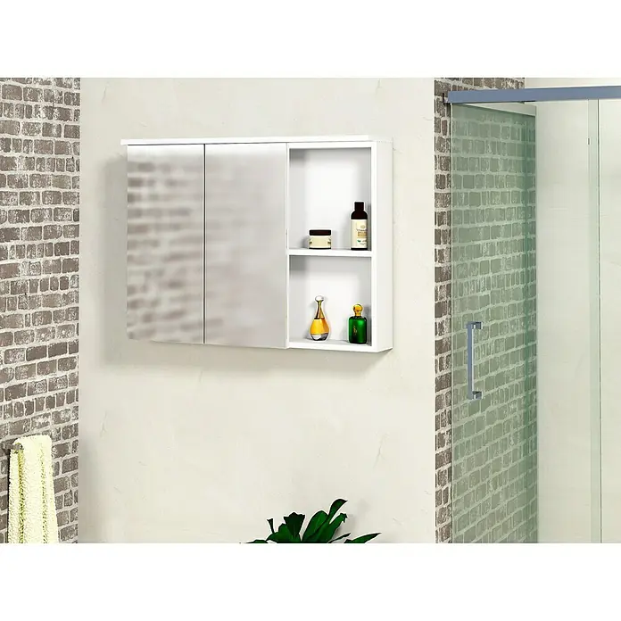 Artysan Armario con espejo LED Abi 2P+H - An x Al: 90 x 65 cm, Plástico, Blanco - Un armario de baño blanco con puertas de espejo y estantes abiertos, montado en la pared, ofrece almacenamiento práctico y un diseño moderno.