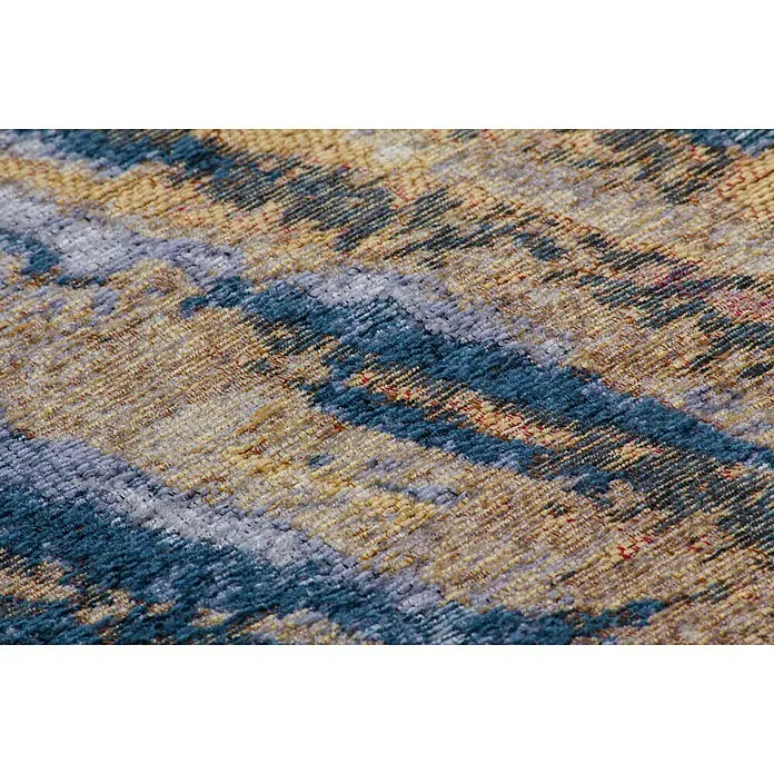 Kayoom Flachgewebeteppich Blaze - Beige/Blau, 170 x 115 cm, 74 % Polyester - Nahaufnahme eines Teppichs mit abstraktem, mehrfarbigem Design. Er besticht durch seine Textur und die fein gewebten Details, ideal als Blickfang.