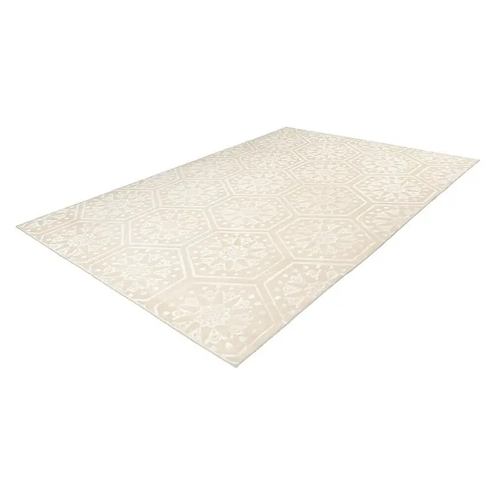 Kayoom Kurzflorteppich Monroe II - Creme, 300 x 80 cm, 100 % Polyester - Dieser Artikel zeigt einen elfenbeinfarbenen Teppich mit einem floralen Sechseckmuster, der einen Hauch von Eleganz in jeden Raum bringt.