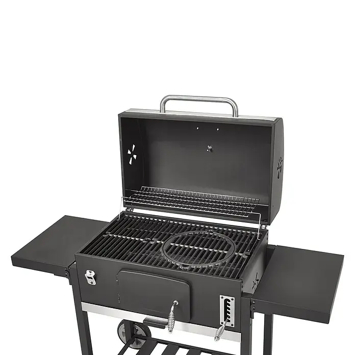 Kingstone KMS Barbacoa de carbón Black Angus XXL - Superficie de la parrilla (An x Pr): 70 x 43 cm, Negro - Barbacoa de carbón con estantes laterales y parrilla ajustable, perfecta para cocinar al aire libre.