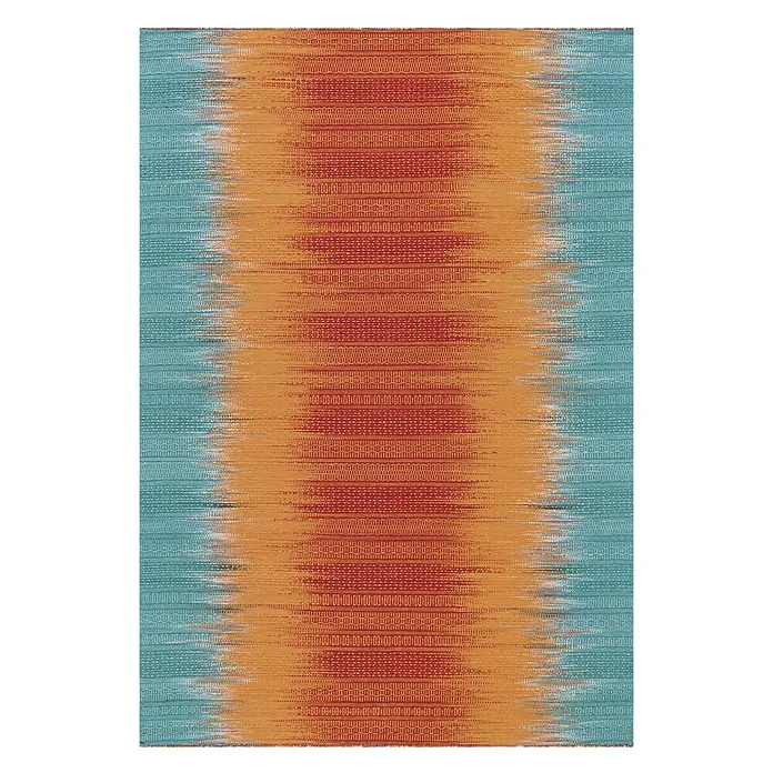 Kayoom Wollteppich Sunset - Orange/Türkis, 180 x 120 cm, 80 % Neuseeland-Wolle, 20 % Baumwolle - Das abstrakte Muster auf diesem Stoff ist durch eine orangefarbene Mitte und türkisfarbene Ränder gekennzeichnet. Die Farbverläufe sind ein echter Hingucker.