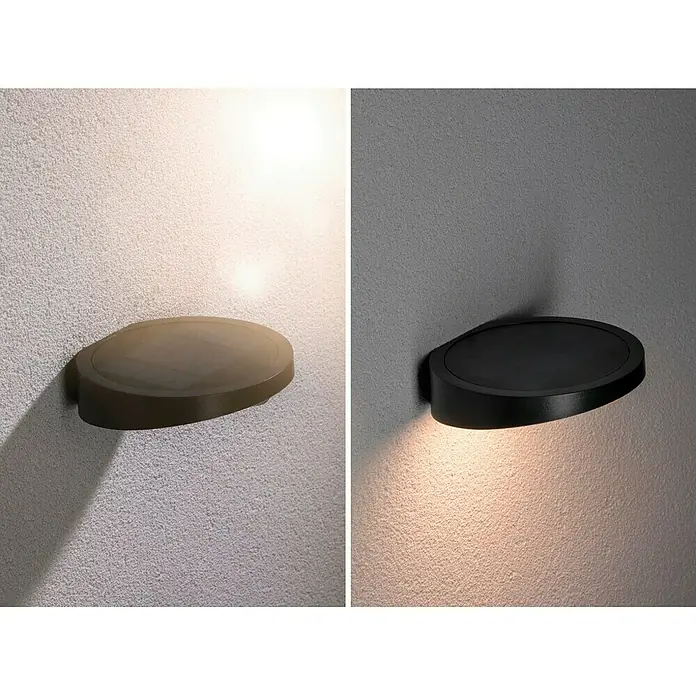 Paulmann Ryse Solar-Außenwandleuchte - 1,2 W, L x B x H: 14,7 x 15,4 x 4,1 cm, Anthrazit, IP44 - Wandleuchte mit rundem Design, einmal in Braun ohne Licht und einmal in Schwarz mit Licht gezeigt.\n