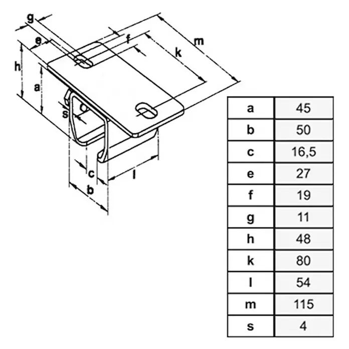 HBS Betz Deckenmuffe Typ 30 - Stahl, Länge: 115 mm - Eine technische Zeichnung einer Halterung mit Maßangaben.