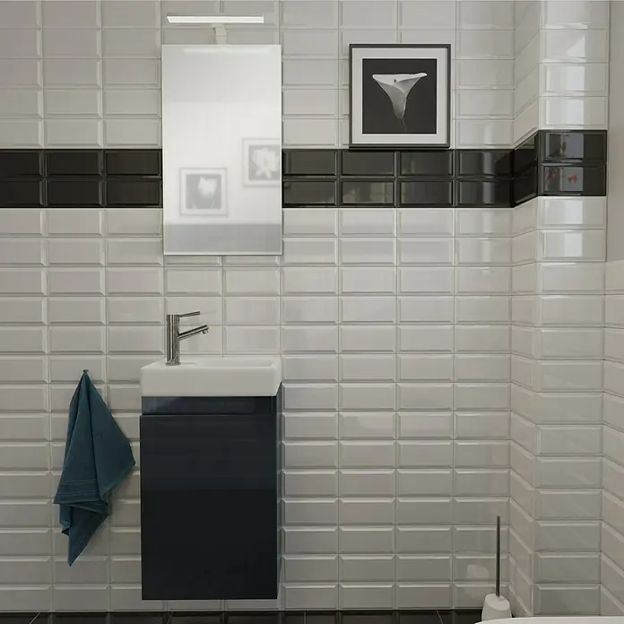 Camargue Espacio Waschtischunterschrank - 40 x 22 x 60 cm, Gama anthrazit glänzend - Badezimmer mit schickem Waschtisch, Spiegel und einer schwarzen Fliesenreihe für einen modernen Akzent.