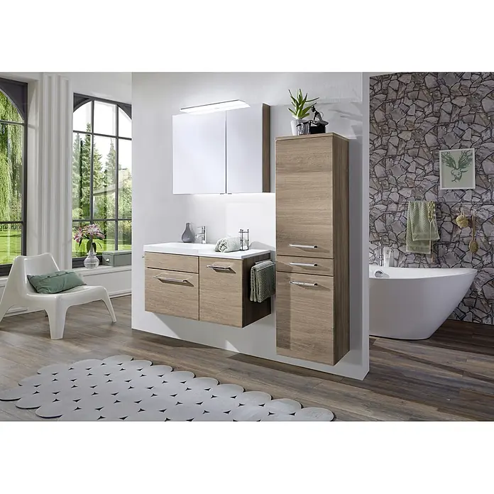 Camargue Flow Einbauwaschbecken - 100,4 x 45 cm, Mit schmutzabweisender Glasur, Hahnloch: Mitte, Weiß, Ablagefläche: Rechts - Elegantes Badezimmer-Set mit Waschtischunterschrank, Spiegelschrank und Hochschrank in Holzoptik für ein stilvolles Ambiente.