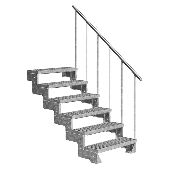 Dolle Außentreppe Gardentop - Gitterroststufen, Feuerverzinkte Geländerstäbe, Breite: 100 cm, Anzahl Stufen: 6 Stk., Geschosshöhe: 108 cm - 132 cm - Industrielle Metalltreppe mit Riffelblech-Stufen und Metallgeländer.