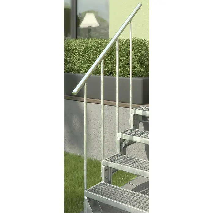 Dolle Treppengeländer Gardentop Set 3 - Passend für: Dolle Außentreppe Gardentop, sechs Stufen - Detailaufnahme einer Außentreppe mit silbernem Geländer, die einen sicheren und stilvollen Zugang zum Garten oder zur Terrasse ermöglicht.