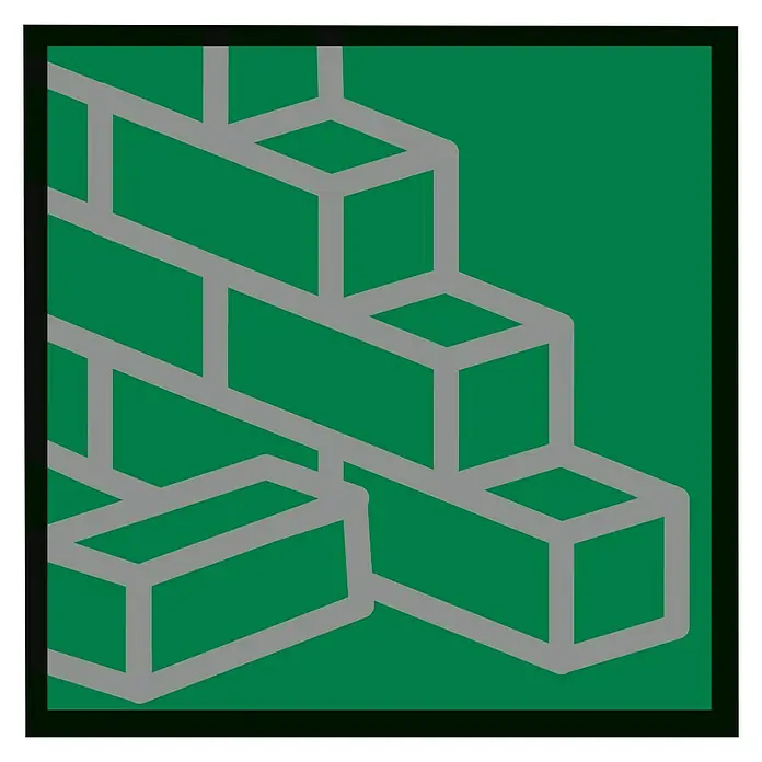 Bosch Professional X-Lock Trennscheibe Multi Construction - 125 mm, Geeignet für: Metall - Das Bild zeigt eine grüne Mauer mit grauen Fugen, dargestellt in einer einfachen, grafischen Illustration mit schwarzem Rahmen.