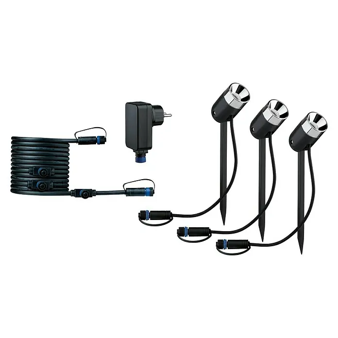 Paulmann Plug & Shine Basis-Set LED-Gartenstrahler Pike - 3,5 W, 230 V, IP65, Höhe: 31 cm, 3 Stk. - Ein Set aus drei schwarzen Gartenstrahlern mit Erdspieß, einem Trafo und einem Verlängerungskabel für die Gartenbeleuchtung.