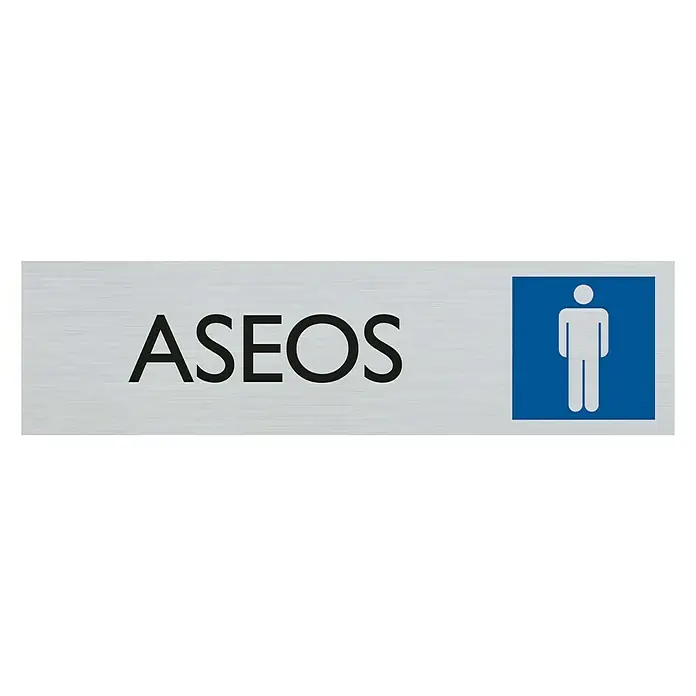 Pickup Rótulo - Plateado, Motivo: Aseo para hombres - Señal "ASEOS" con un símbolo masculino sobre fondo azul. La señal es para instalaciones sanitarias y sirve de orientación.
