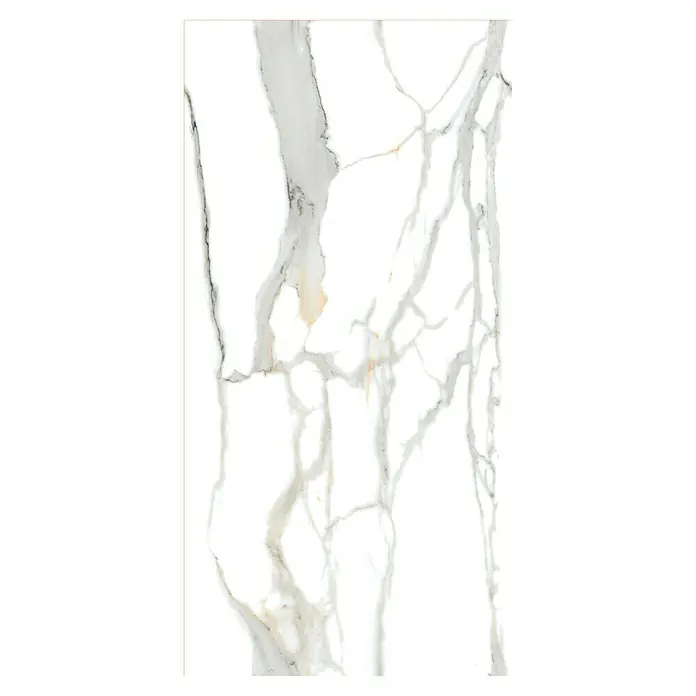 Feinsteinzeugfliese Calacatta Gold - 60 x 120 cm, Stärke: 9 mm, Weiß/Grau/Gold, Hochglänzend - Das Bild zeigt eine weiße Marmorfliese mit grauen und goldenen Adern, ideal für moderne Innenräume.