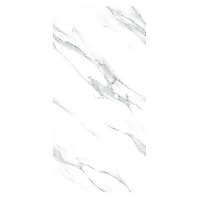 Feinsteinzeugfliese Prisma Statuario - 60 x 120 cm, Stärke: 9 mm, Weiß/Grau, Hochglänzend - Elegante weiße Marmorplatte mit zarten grauen Adern für einen luxuriösen Look. Ideal für Küchen, Bäder oder als stilvolle Wandverkleidung.