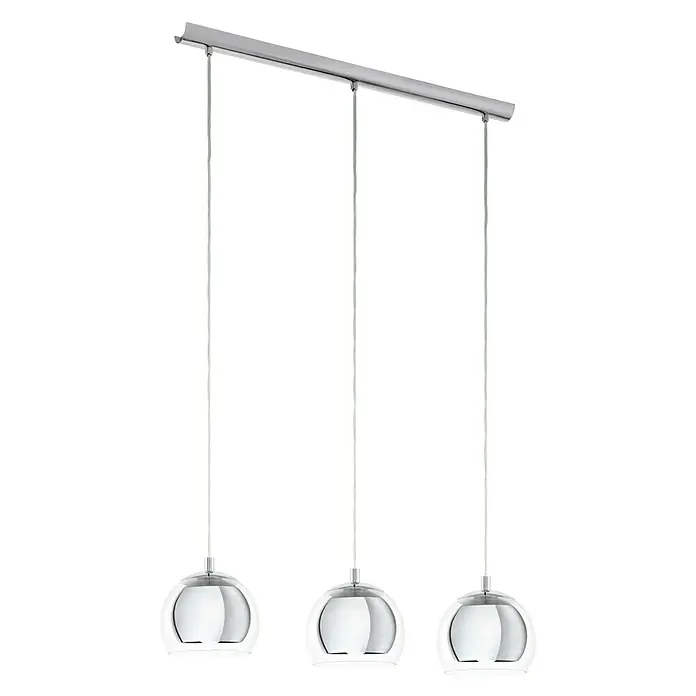 Eglo Pendelleuchte rund Rocamar - Höhe: 110 cm, Chrom, 120 W - Moderne Pendelleuchte mit drei runden Glasschirmen und Chromdetails, ideal für Esszimmer oder Kücheninseln, die ein stilvolles Ambiente schaffen.