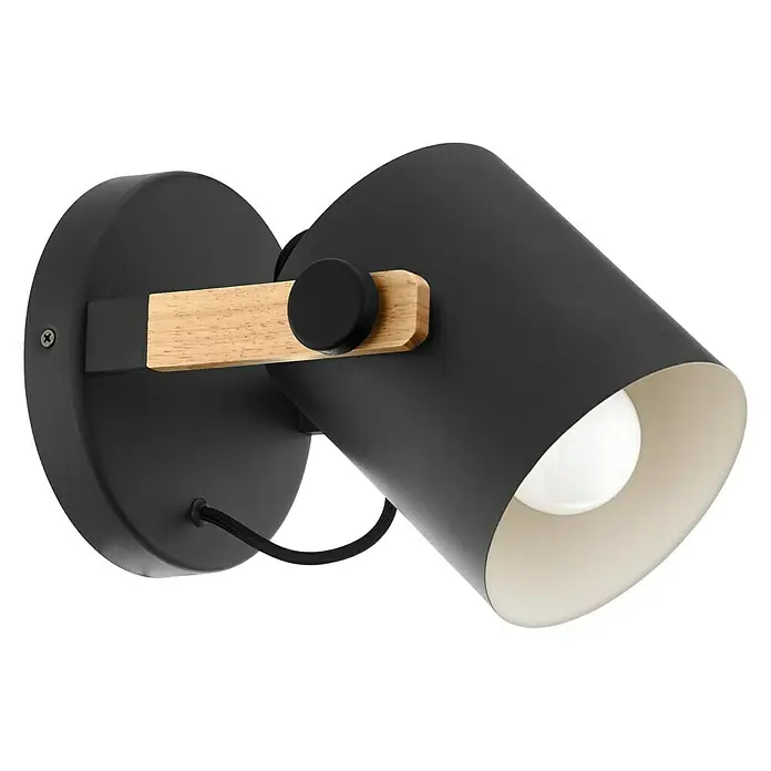 Eglo Hornwood Aplique de pared redondo - 28 W, Negro/Crema, E27 - Elegante aplique de pared negro con detalles de madera para iluminación interior moderna.