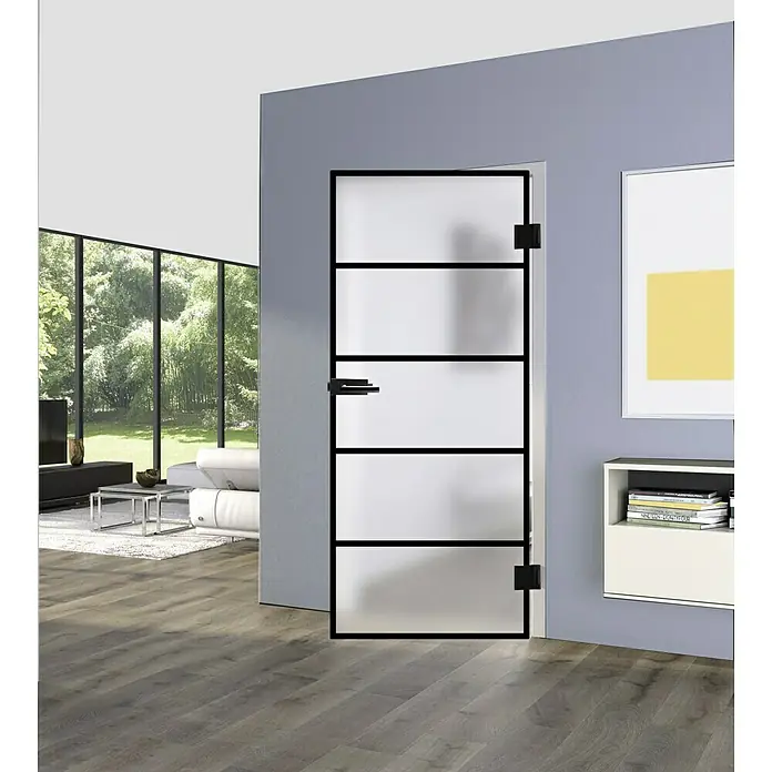 Diamond Doors Black Edition Glasdrehtür Lines - 834 x 1.972 mm, DIN Rechts, Milchglas - Moderne Innentür mit schwarzem Rahmen und Milchglasfüllung. Das Design verleiht jedem Raum eine elegante Note und sorgt für Privatsphäre.