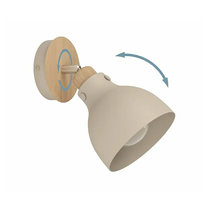 Eglo Foco con fijación Arrecife - Color del marco: Beige, E27, IP20 - Un aplique de pared ajustable con pantalla beige y detalles de madera, ideal para dirigir la luz con un posicionamiento versátil.