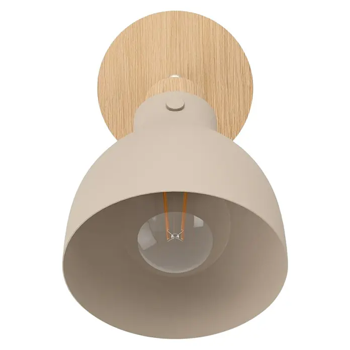 Eglo Foco con fijación Arrecife - Color del marco: Beige, E27, IP20 - Primer plano de una lámpara de pared moderna con una pantalla beige y una placa posterior de madera, que proporciona un ambiente cálido y acogedor.