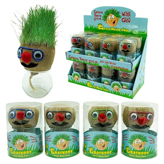 Dekofigur Graskopf - Höhe: 12,5 cm - Gras-Kopf-Puppe: Ein witziges Spielzeug, bei dem Gras aus dem Kopf wächst, wenn man es gießt. Ideal für Kinder und Erwachsene.