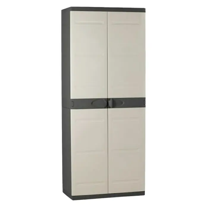 Plastiken Titanium Armario multiusos de plástico  escobero - L x An x Al: 44 x 70 x 176 cm, Gris/Negro - Foto de un armario multiusos de plástico gris y beige con cuatro puertas y manijas.