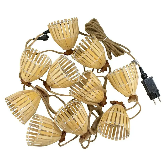 Starlux Guirnalda luminosa LED Anuket - 8,4 W, Largo: 8 m, Amarillo, Número de bombillas: 10 ud. - Guirnalda de luces con 10 lámparas con pantallas de bambú y cuerda marrón, ideal para un ambiente acogedor.