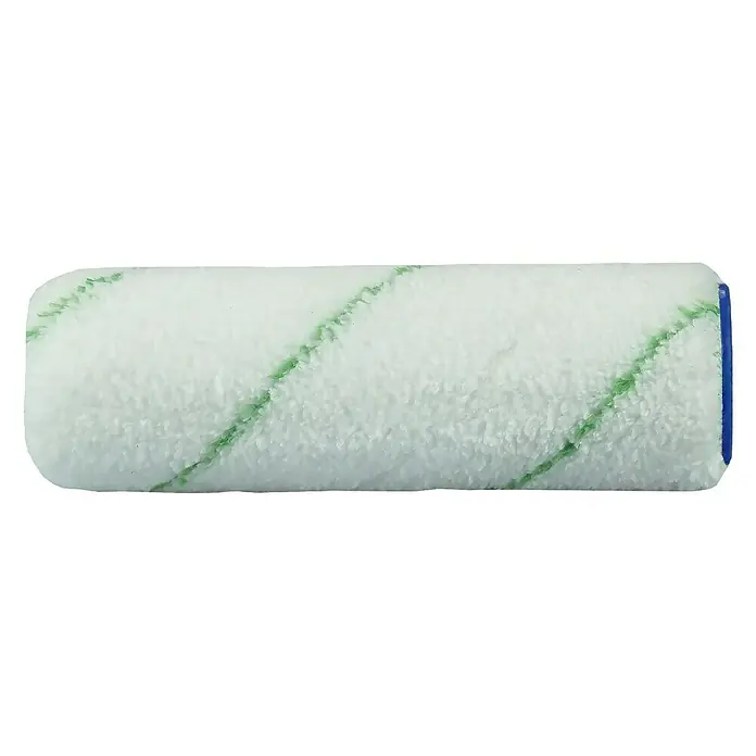F18 Farbwalze - Breite Rolle: 12 cm, Durchmesser: 40 mm, Materialspezifizierung: Mikrofaser - Nahaufnahme einer weißen Farbwalze mit grünen Streifen und blauen Endkappen, die für Malerarbeiten verwendet wird.