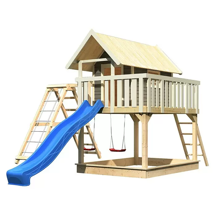 Karibu Kinderspielturm Fidel - L x B x H: 243 x 198 x 329,5 cm, Terragrau, Mit blauer Rutsche & Klettergerüst - Hölzerner Spielplatz mit blauer Rutsche, erhöhtem Spielhaus, Schaukeln, Kletterleiter und Sandkasten.