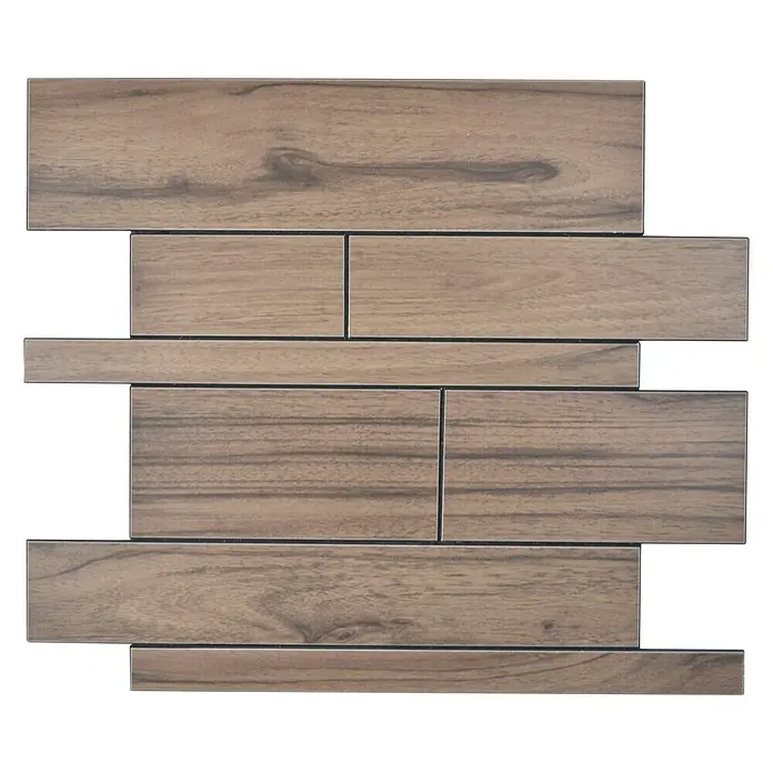 Selbstklebemosaik SAM 4GV52WDL - 30 x 30 cm, Braun, Matt - Nahaufnahme von Holzimitat-Wandfliesen, die ein warmes, natürliches Ambiente für jeden Raum schaffen.