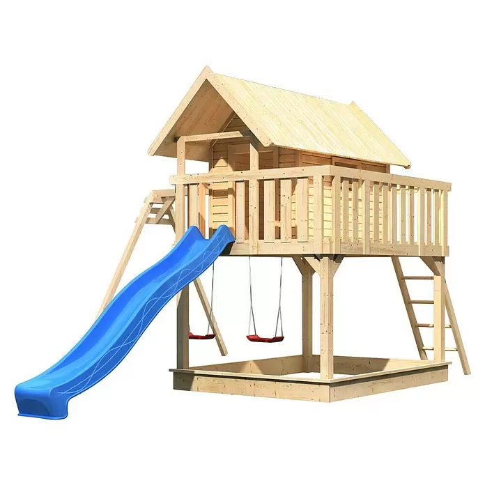 Karibu Kinderspielturm Fidel - L x B x H: 243 x 198 x 329,5 cm, Naturbelassen, Mit blauer Rutsche - Hölzernes Spielhaus für draußen mit blauer Rutsche, Schaukeln und Sandkasten.