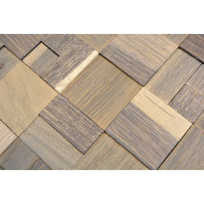 Selbstklebemosaik Wood SWM MC33N - 30 x 30 cm, Grau, Matt - Nahaufnahme einer dekorativen Holzwandplatte, die ein einzigartiges geometrisches Muster in Grau- und Beigetönen zeigt.
