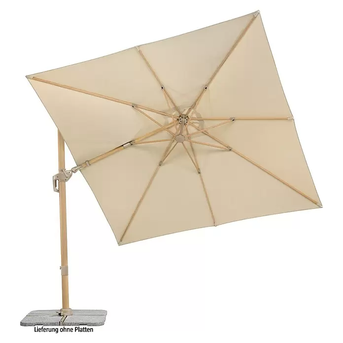 Schneider Classic Ampelschirm Rhodos Twist Loft - Natur, Bespannungsmaß (L x B): 300 x 300 cm - Quadratischer Ampelschirm in Beige mit Holzgestell und Mechanismus, von unten gesehen.