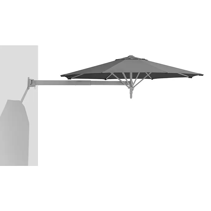 Schneider Wandschirm Muro - Anthrazit, Durchmesser Bespannung: 250 cm - Wandmontierter Sonnenschirm in Grau. Der Sonnenschirm ist an einer grauen Wand befestigt. Ideal für kleine Balkone und Terrassen.