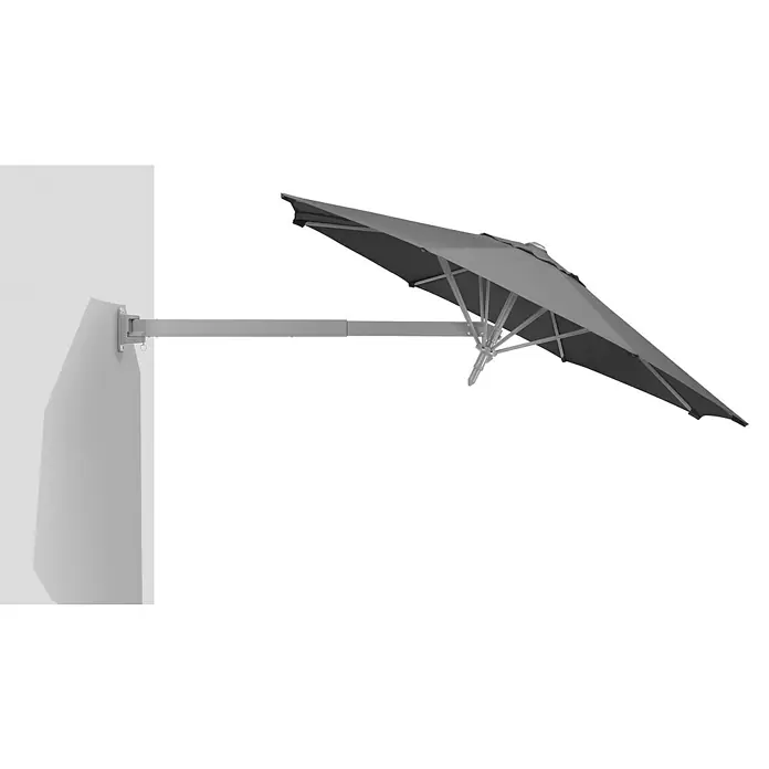 Schneider Wandschirm Muro - Anthrazit, Durchmesser Bespannung: 250 cm - Bild eines grauen Wand-Sonnenschirms. Der Sonnenschirm ist an einer Wand befestigt und ragt nach rechts oben in den Raum hinein.