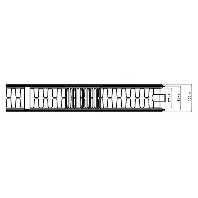 Flachheizkörper - B x H: 1.400 x 300 mm, Wärmeleistung bei Vorlauftemperatur von 75 °C (D: 50): 1.306 W, Typ Heizkörper: 22 - Ansicht eines H-Trägers mit Maßen.