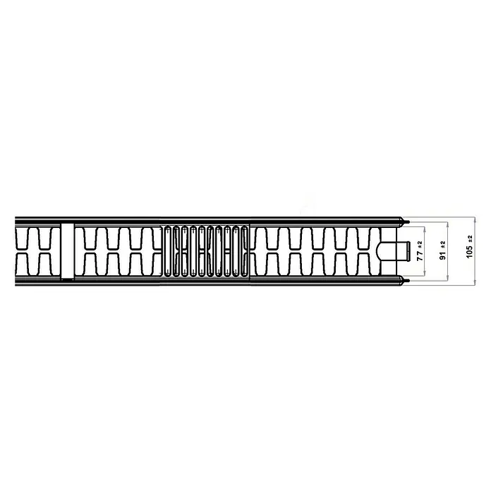 Planheizkörper - B x H: 600 x 500 mm, Wärmeleistung bei Vorlauftemperatur von 75 °C (D: 50): 819 W, Typ Heizkörper: 22 - Technische Zeichnung eines Heizkörpers mit Angabe der Maße. Ein detaillierter Blick auf das Design und die Abmessungen.