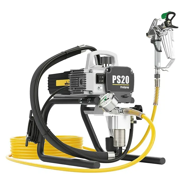 Wagner High Efficiency Airless Farbsprühsystem ProSpray 20 - Leistungsaufnahme: 900 W, Förderleistung: 1,6 l/min - Abbildung einer Wagner PS20 ProSpray Farbspritzanlage, die professionelles Lackieren für Heimwerker und Profis ermöglicht.