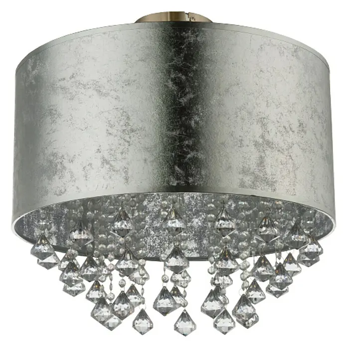 Globo Plafón Amy I - 60 W, Plateado, Claro, Níquel, E27 - Elegante lámpara de techo con pantalla plateada y colgantes de cristal brillante para una iluminación elegante.