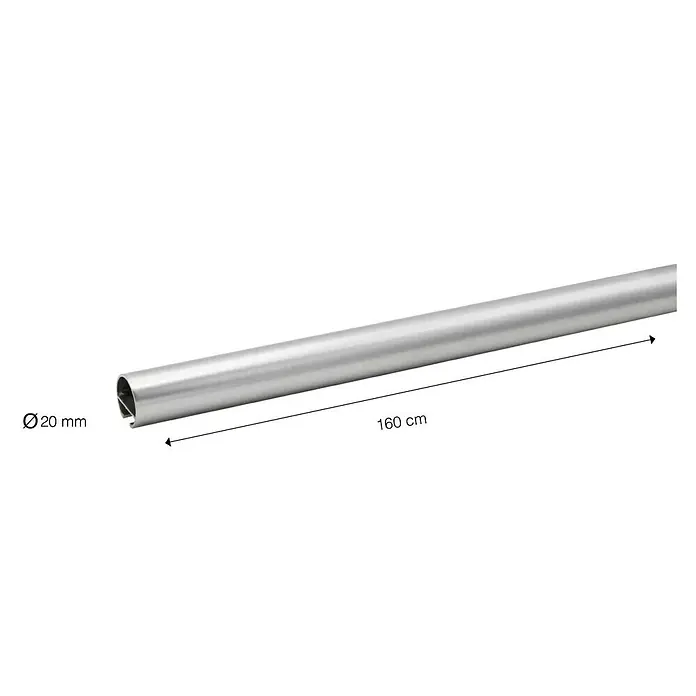 Expo Ambiente Halbprofil - Edelstahloptik, Anzahl Läufe: 1 Stk., Länge: 160 cm - Produktbild einer 160 cm langen, silbernen Kleiderstange mit einem Durchmesser von 20 mm zur Veranschaulichung der Produktabmessungen.