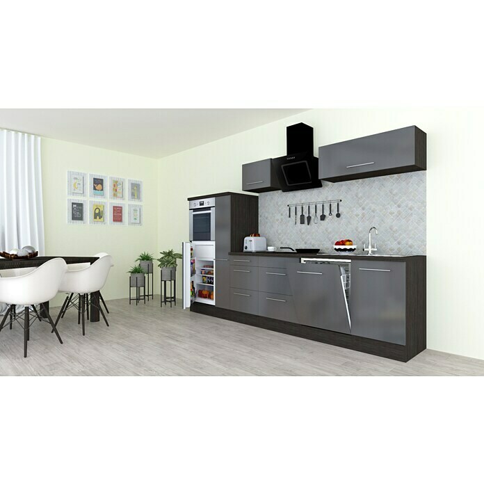 Respekta Premium Composición de cocina (Ancho: 310 cm, Con dispositivos eléctricos, Gris de alto brillo)