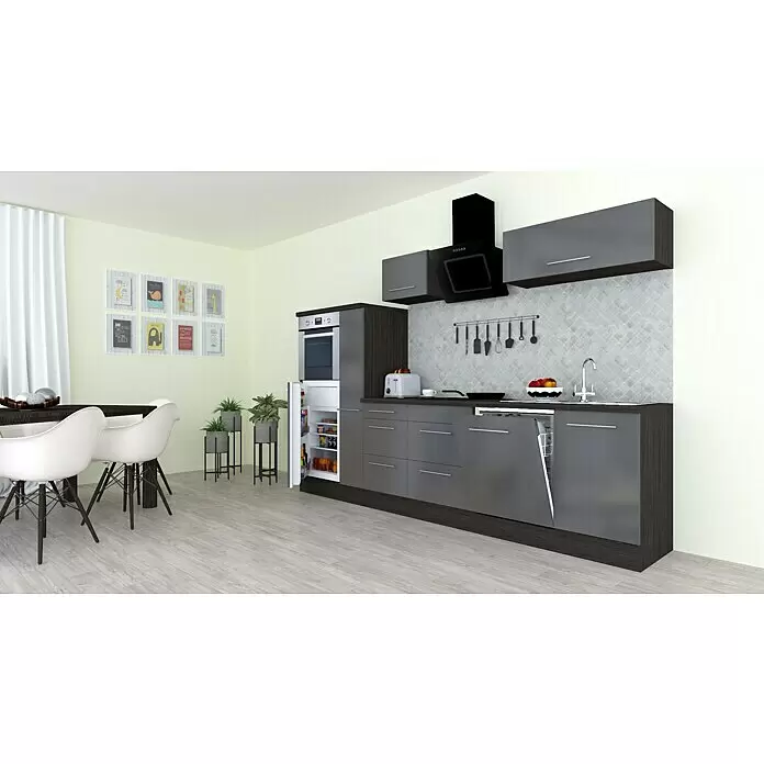 Respekta Premium Composición de cocina Amanda - Ancho: 310 cm, Roble/Gris, Con electrodomésticos - Cocina moderna con gabinetes gris oscuro, horno empotrado, nevera abierta y lavavajillas. Incluye un comedor.