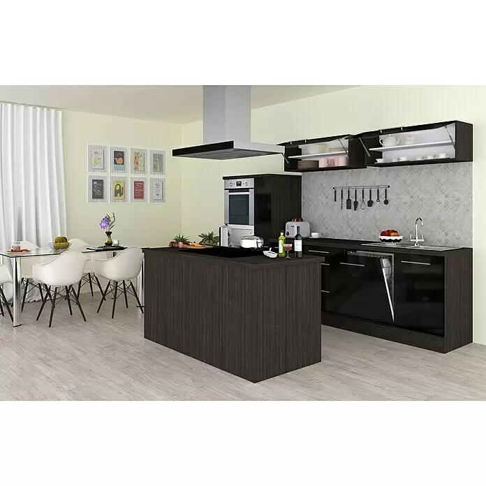 Respekta Premium Cocina de isla Amanda - Ancho: 310 cm, Roble/Negro, Con electrodomésticos - Cocina y comedor modernos con una isla de madera oscura, gabinetes negros y una mesa de cristal con sillas blancas.