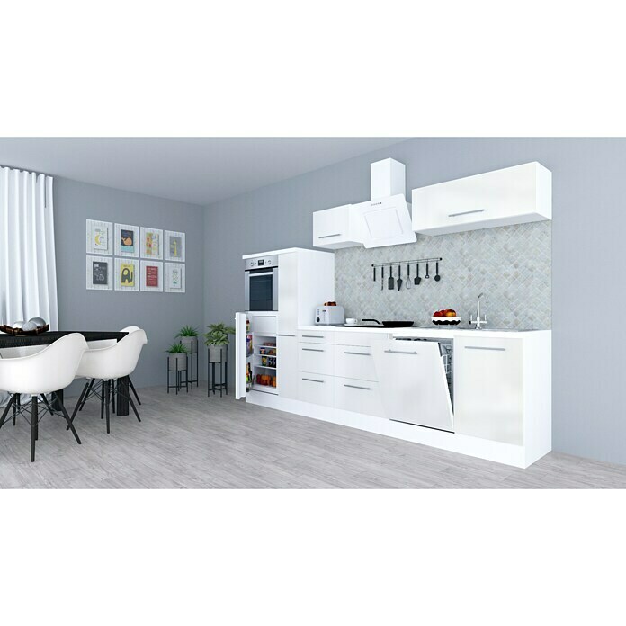 Respekta Premium Composición de cocina (Ancho: 310 cm, Con dispositivos eléctricos, Blanco de alto brillo)