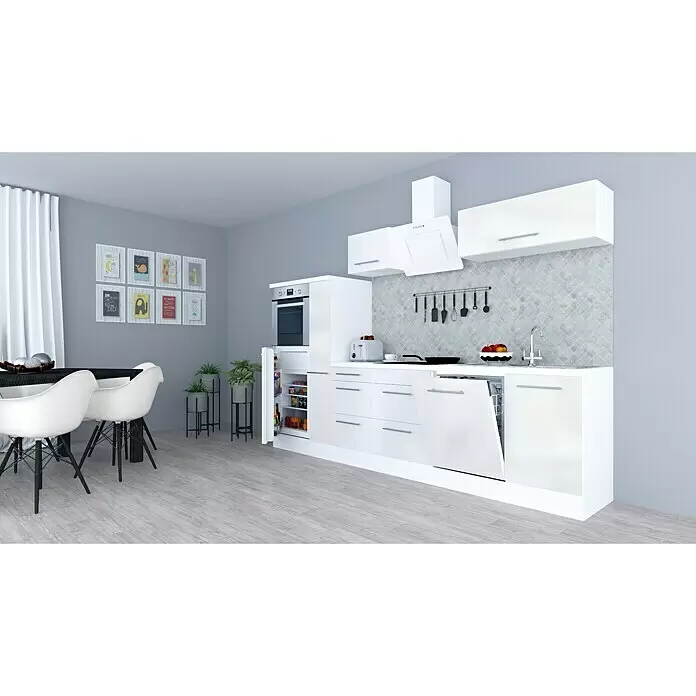 Respekta Premium Composición de cocina Amanda - Ancho: 310 cm, Blanco (campana blanca), Con electrodomésticos - Cocina modular blanca con horno, nevera y lavavajillas integrados, placa de cocción y fregadero, ideal para una zona de cocina y comedor moderna.