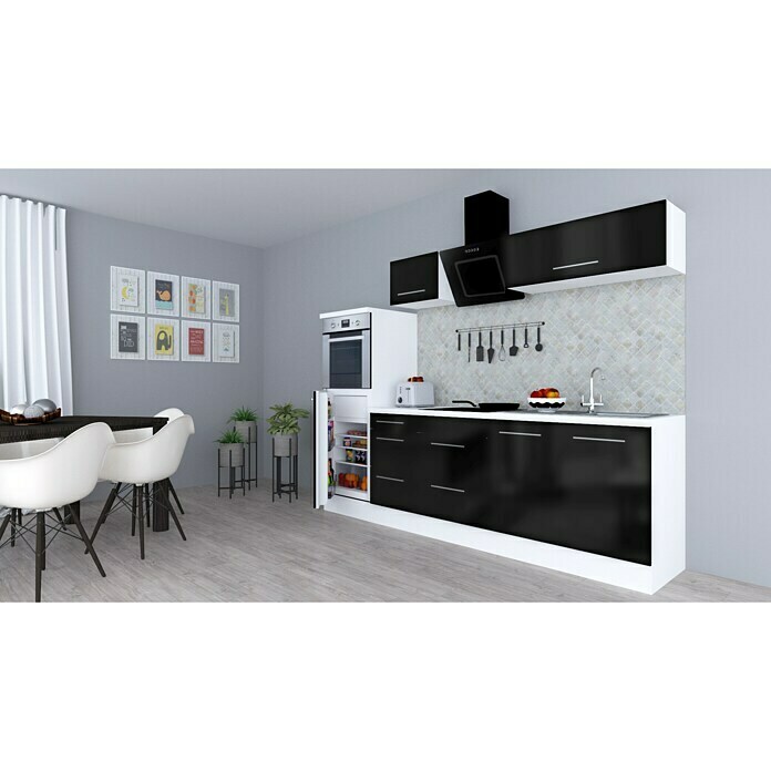 Respekta Premium Composición de cocina (Ancho: 270 cm, Con dispositivos eléctricos, Negro de alto brillo)