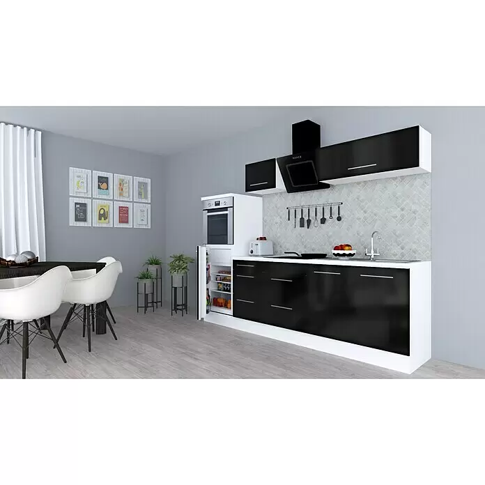 Respekta Premium Composición de cocina Amanda - Ancho: 270 cm, Blanco/Negro, Con electrodomésticos - Cocina moderna blanca y negra con electrodomésticos integrados, comedor adyacente con sillas blancas y mesa oscura.