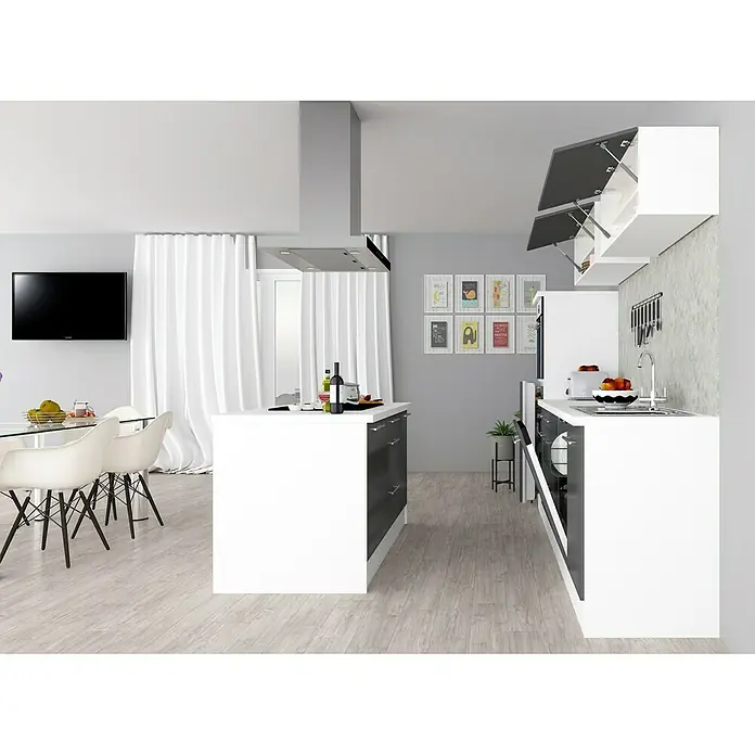 Respekta Premium Inselküche RP280IWGCBO - Breite: 280 cm, Grau, Mit Elektrogeräten - Moderne Küche mit Kochinsel und weißen Schränken, die ein elegantes und funktionales Design präsentieren.