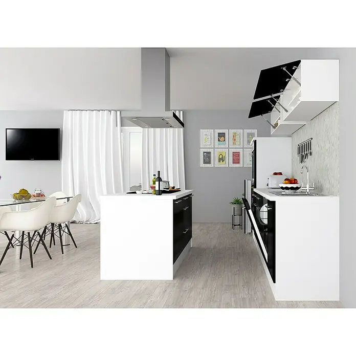 Respekta Premium Cocina de isla Amanda - Ancho: 310 cm, Negro, Con electrodomésticos - Diseño de cocina moderna con isla en blanco y negro, armarios de pared y zona de comedor. Ideal para un estilo de vida contemporáneo.