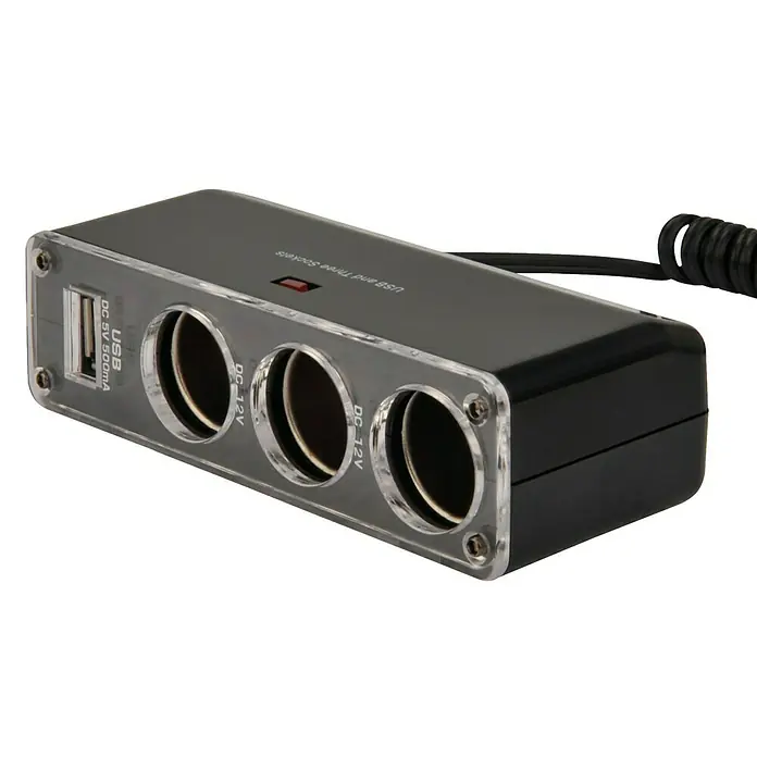 Cartrend Auto-Dreifach-Steckdose - Geeignet für: Autos, Ausstattung: USB 2.0 - Schwarz Auto-Zigarettenanzünder-Verteiler mit USB und drei 12V-Buchsen für die Stromversorgung verschiedener Geräte im Auto.