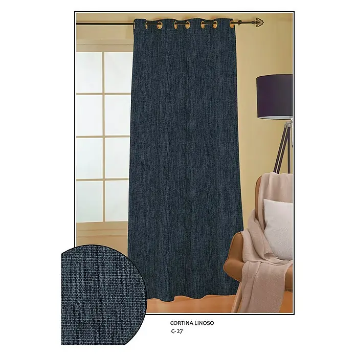 Cortina con ollaos Linoso - An x Al: 140 x 260 cm, Jean - Primer plano de una cortina azul, tipo lienzo, que oculta una ventana. Se ven la tela texturizada y la suspensión de ojales.