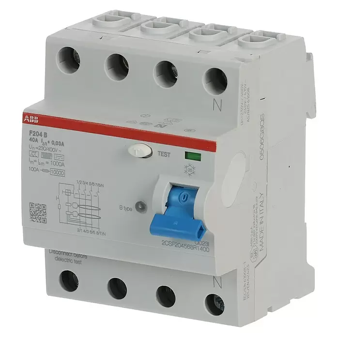ABB FI-Schalter F204 B-40/0.03 - 40 A, Typ B, 30 mA, Polanzahl: 4 - Weißer 4-poliger ABB Fehlerstromschutzschalter mit blauem Schalter in 'Aus'-Stellung, Testtaste und rotem Akzent.
