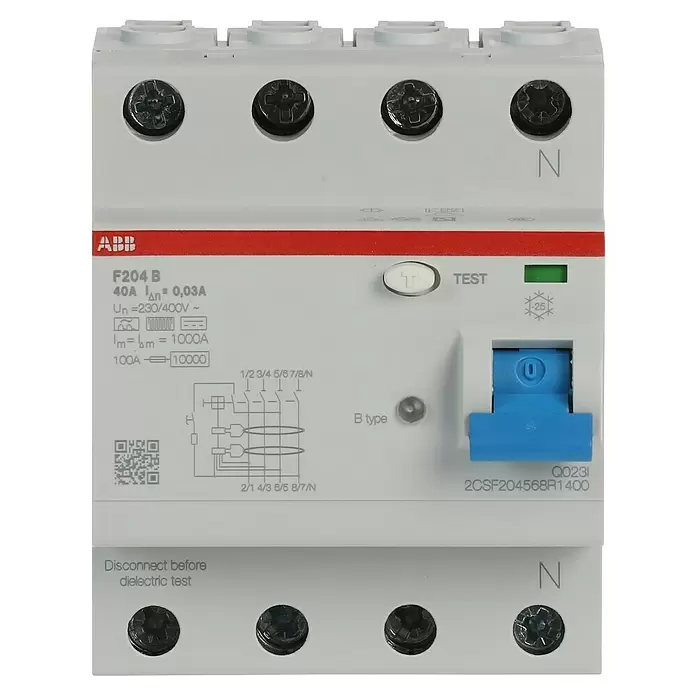 ABB FI-Schalter F204 B-40/0.03 - 40 A, Typ B, 30 mA, Polanzahl: 4 - Weißer ABB F204 B 4-poliger FI-Schalter mit blauem Schalter, Testtaste, grüner Anzeige und technischen Daten auf der Vorderseite.